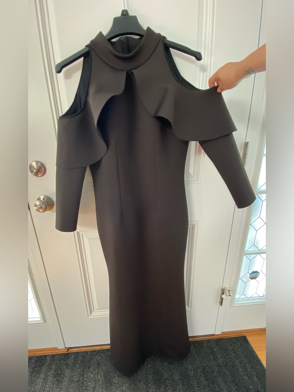 NERO by Jatin Varma Black Cold Shoulder Ruffle Gown Maxi Dress